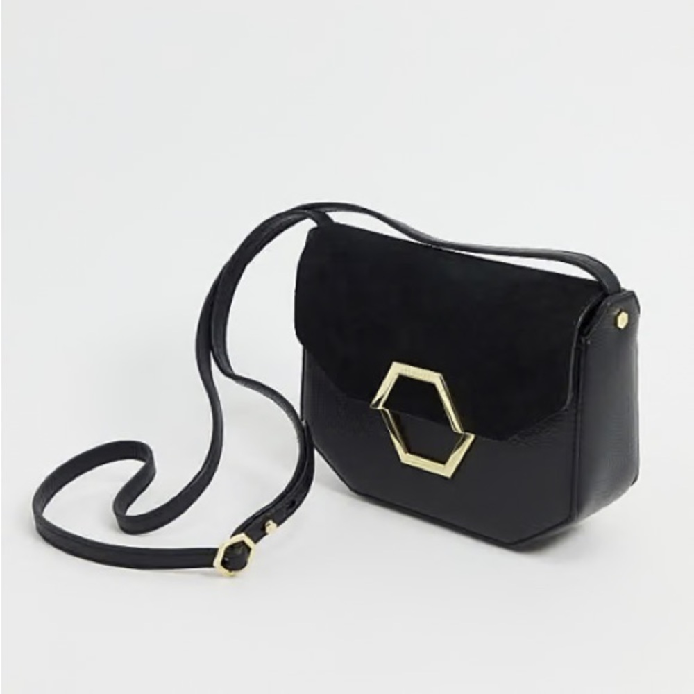 TED BAKER Lenah Black Leather & Suede Crossbody Bag w Gold Accent Minimal Purse